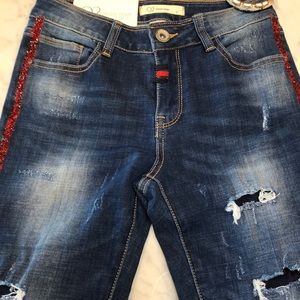 SOLD OUT! Q2 Dark Ripped Jeans w/ Red Sass Stripe